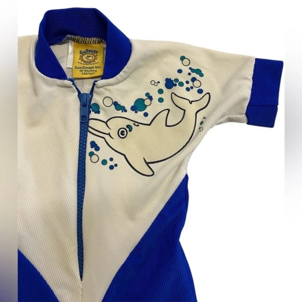 Vintage SunSmart 0-12M Baby UV Blocking Dolphin Swim‎ Suit Blue White